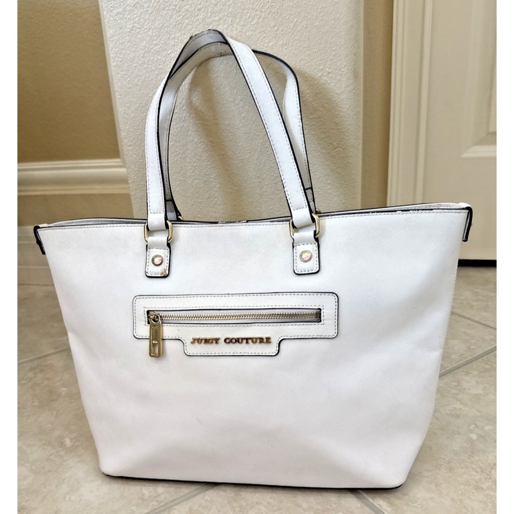 Juicy Couture White Saffiano Leather Tote Bag Gold Hardware Pink Crown Lining